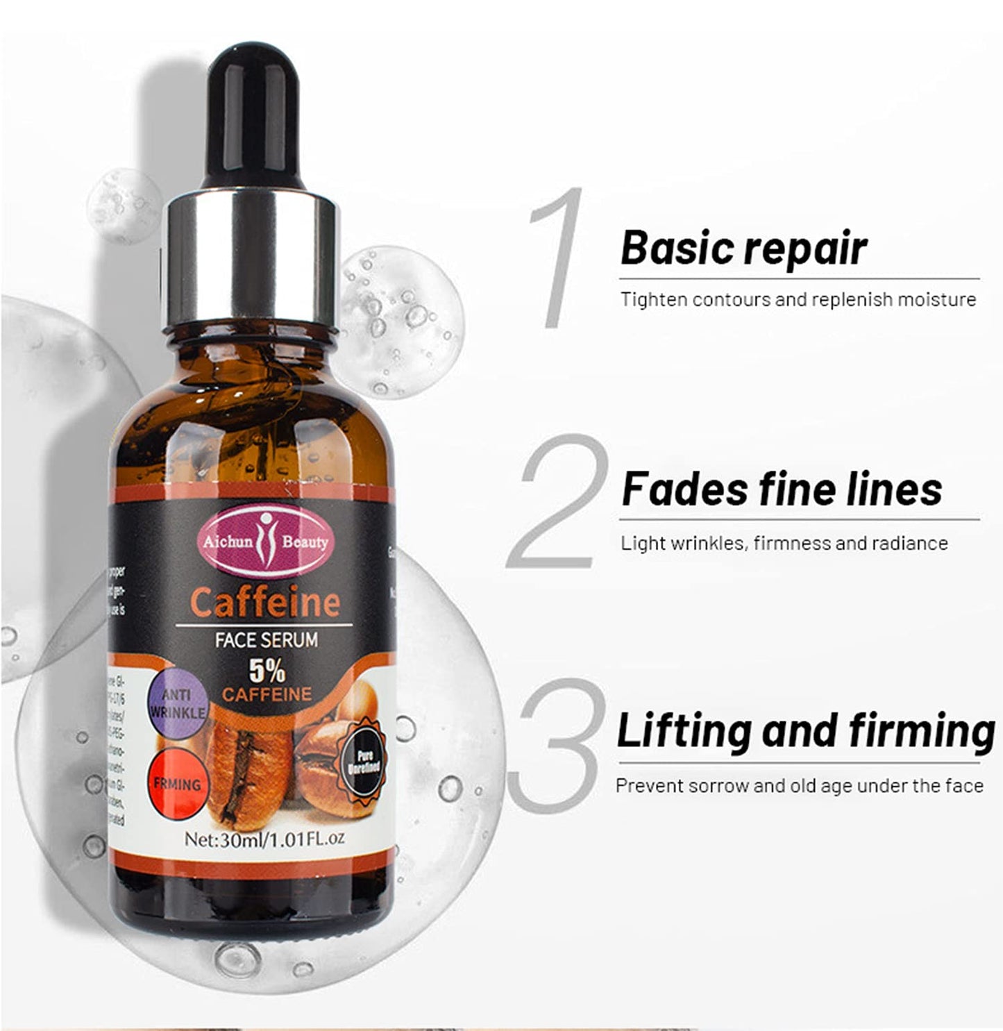 Aichun Beauty Sérum Facial con Cafeína Premium al 5% Hidratante, Antiarrugas y Reafirmante para el Cuidado y Reparación de la Piel Dañada, 30 ml