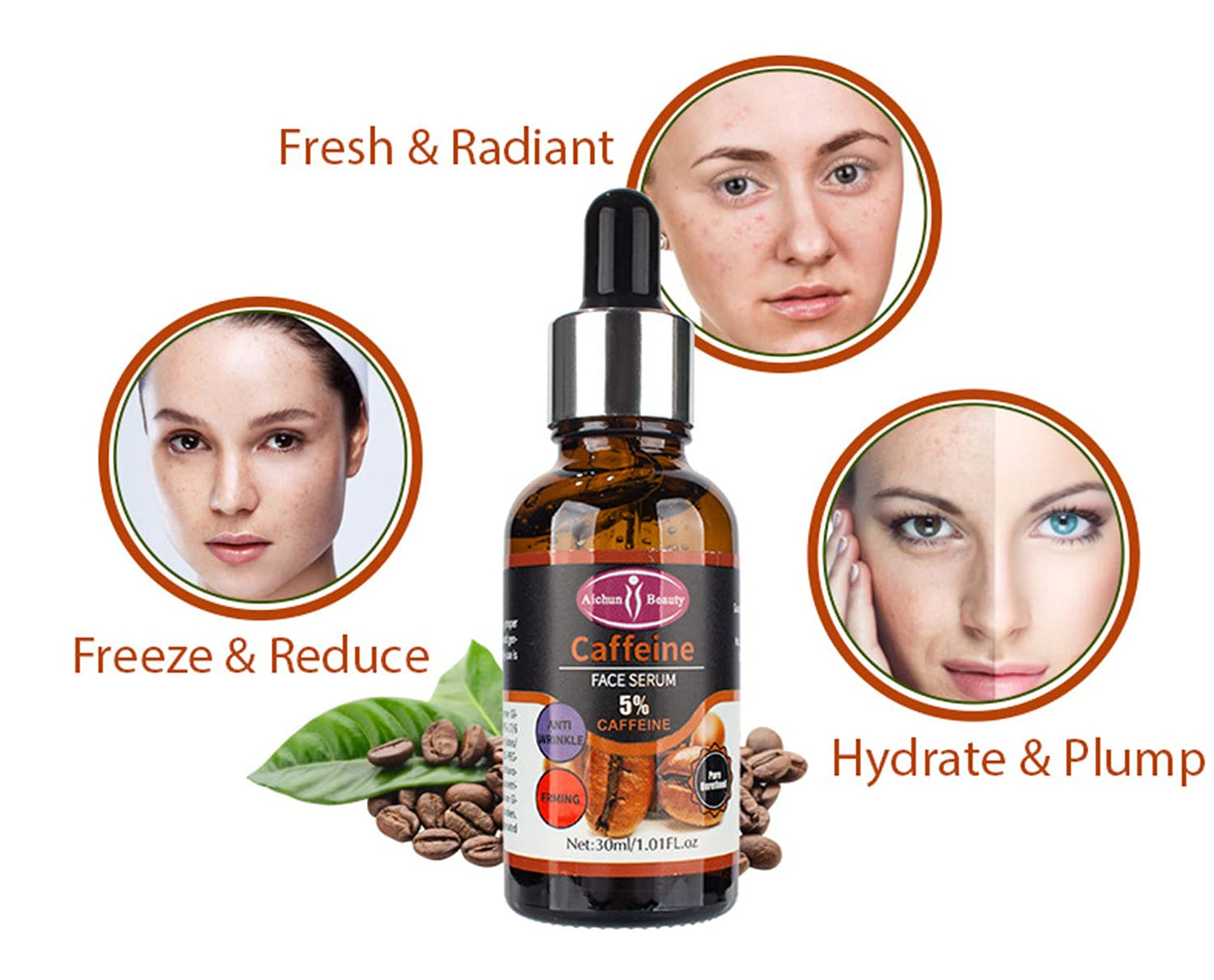 Aichun Beauty Sérum Facial con Cafeína Premium al 5% Hidratante, Antiarrugas y Reafirmante para el Cuidado y Reparación de la Piel Dañada, 30 ml