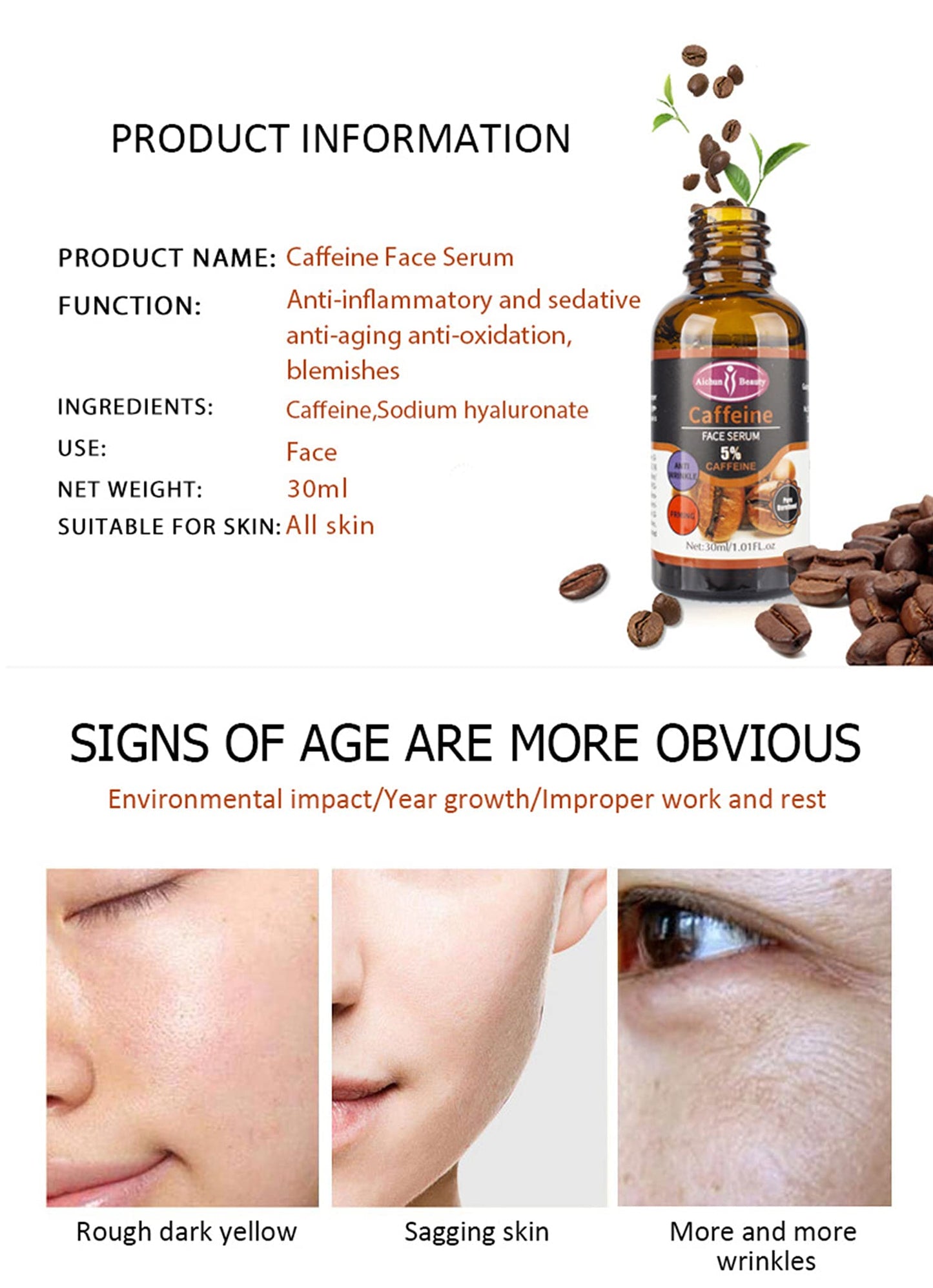 Aichun Beauty Sérum Facial con Cafeína Premium al 5% Hidratante, Antiarrugas y Reafirmante para el Cuidado y Reparación de la Piel Dañada, 30 ml
