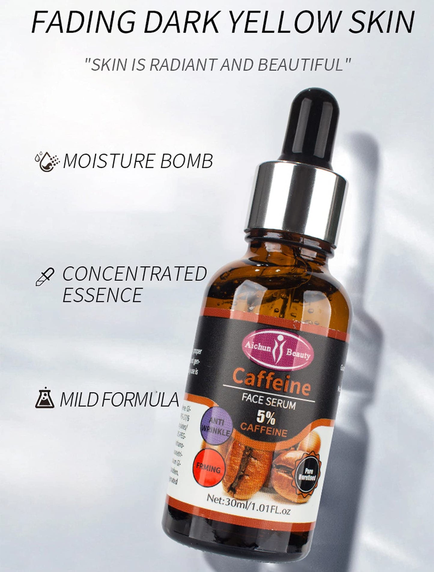 Aichun Beauty Sérum Facial con Cafeína Premium al 5% Hidratante, Antiarrugas y Reafirmante para el Cuidado y Reparación de la Piel Dañada, 30 ml