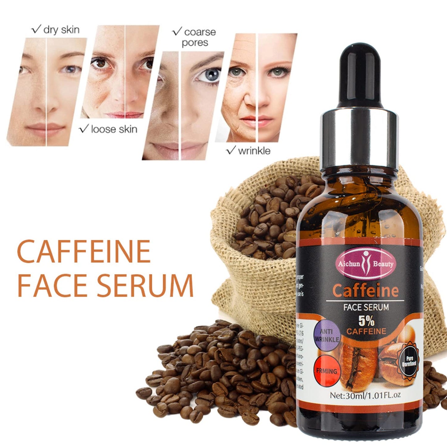 Aichun Beauty Sérum Facial con Cafeína Premium al 5% Hidratante, Antiarrugas y Reafirmante para el Cuidado y Reparación de la Piel Dañada, 30 ml