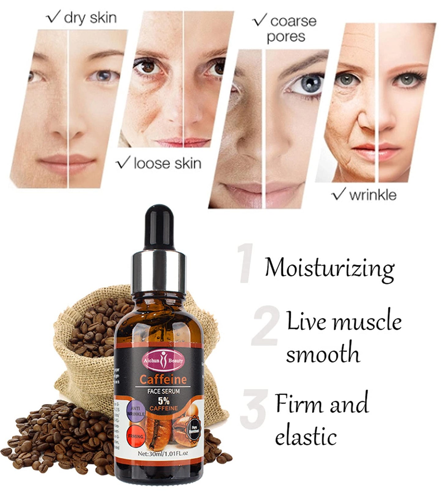 Aichun Beauty Sérum Facial con Cafeína Premium al 5% Hidratante, Antiarrugas y Reafirmante para el Cuidado y Reparación de la Piel Dañada, 30 ml